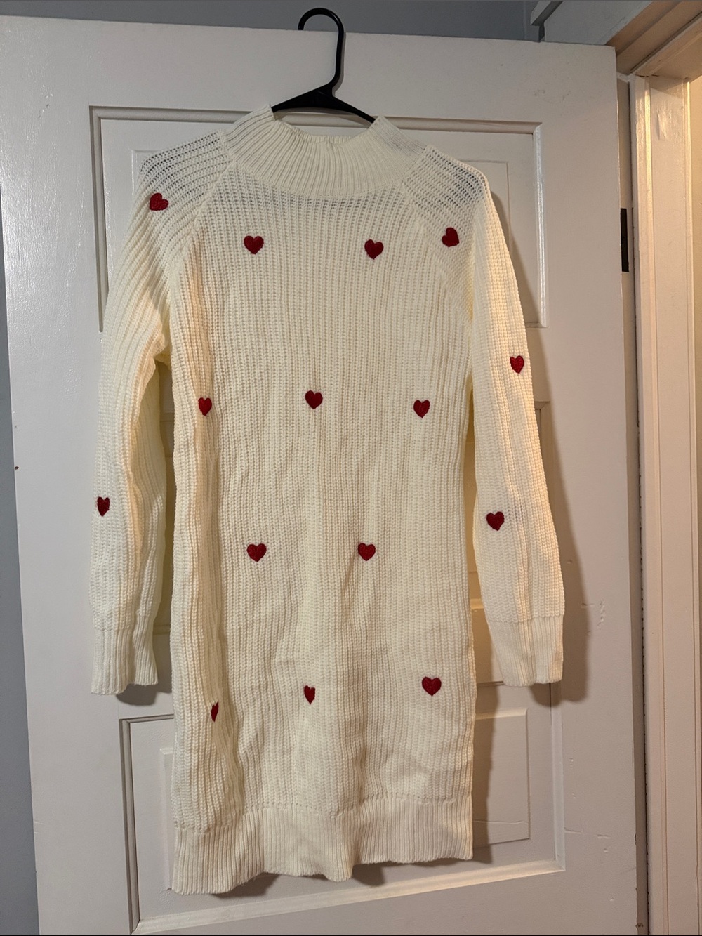 Pink Lily Cream Cowlneck Sweater Dress with Red Heart Accents